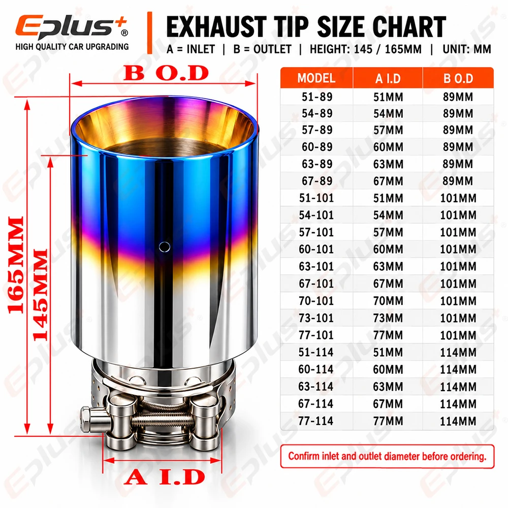 EPLUS Bevel Dilayer Car Muffler Tail Universal Burnt Blue Stainless Steel Exhaust Pipe Mufflers Tailpipe Nozzle Decoration