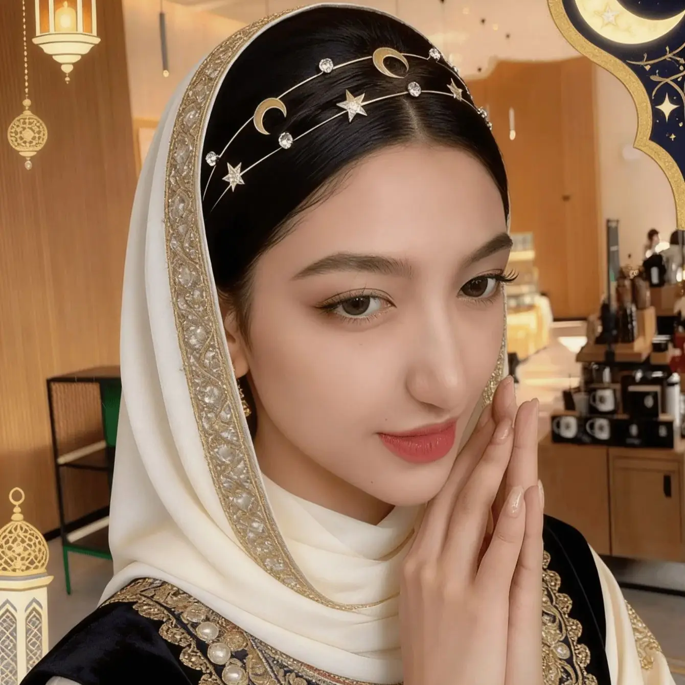 

1PC Ramadan Multi-layer Metal Star & Moon Crystal Hair Hoop, Butterfly Hair Accessory for Women & Kids, Double-layer Headband