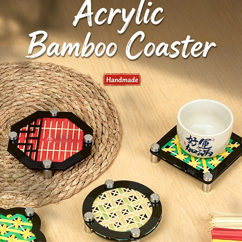 Chinese Intangible Cultural Heritage DIY Bamboo Weaving Coaster Material Kit Handmade Acrylic Heat Insulation Cup Pad Craft Set