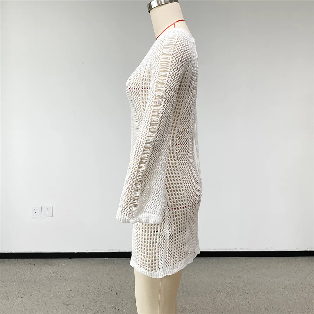 2026 Langarm-Schulterfreies Häkel-Strick-Tunika Strand-Überwurf Strandkleid Strandmode Damen V8330 – Detail 12