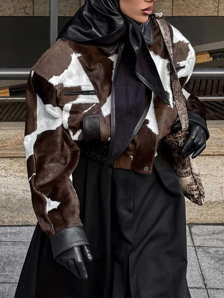 Vintage Patchwork Women's Jacket Laple Zipper Milk Pattern Pockets Full Sleeve Female Coats 2025 Autumn Fashion Lady Streetwears