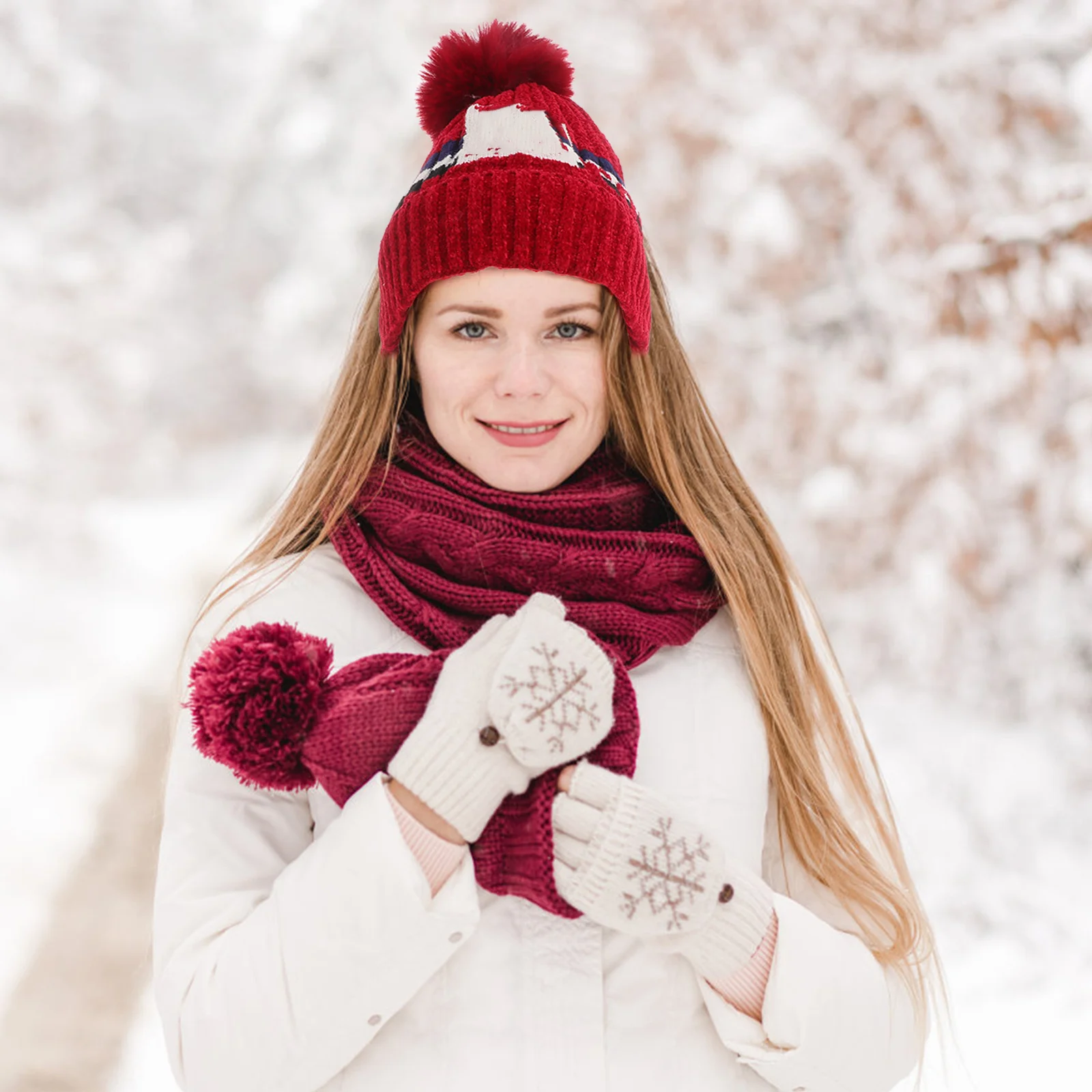 2 em 1 inverno cachecol de malha chapéu vermelho escuro multifuncional pescoço mais quente feminino crochê gorro macio quente malha boné tempo frio