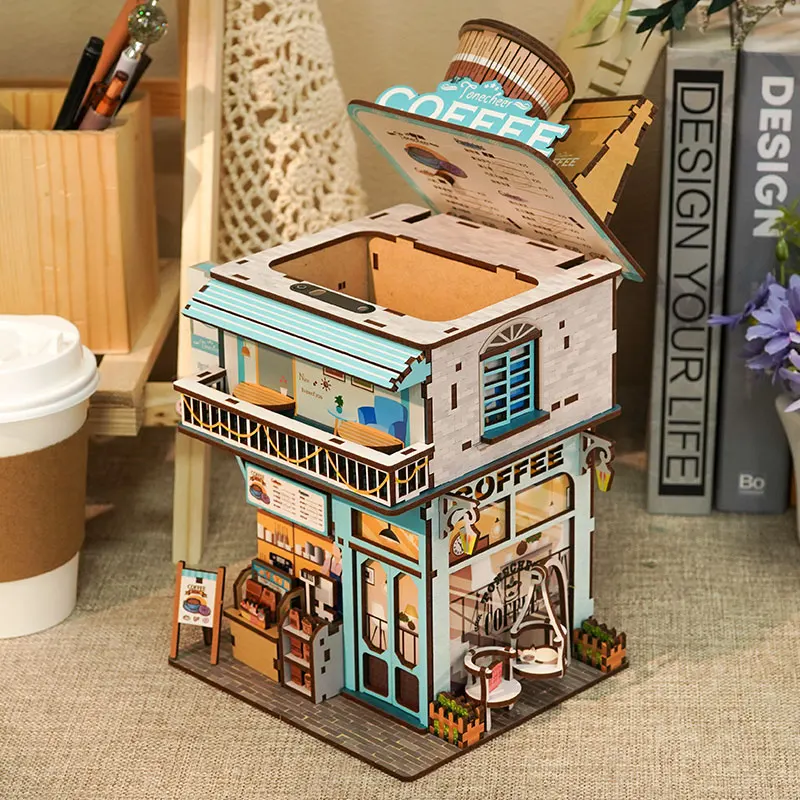 DIY Wooden Doll House City Street View Mini Coffee Shop Model Dollhouses Assembly Toys for Children Christmas Gift Casa