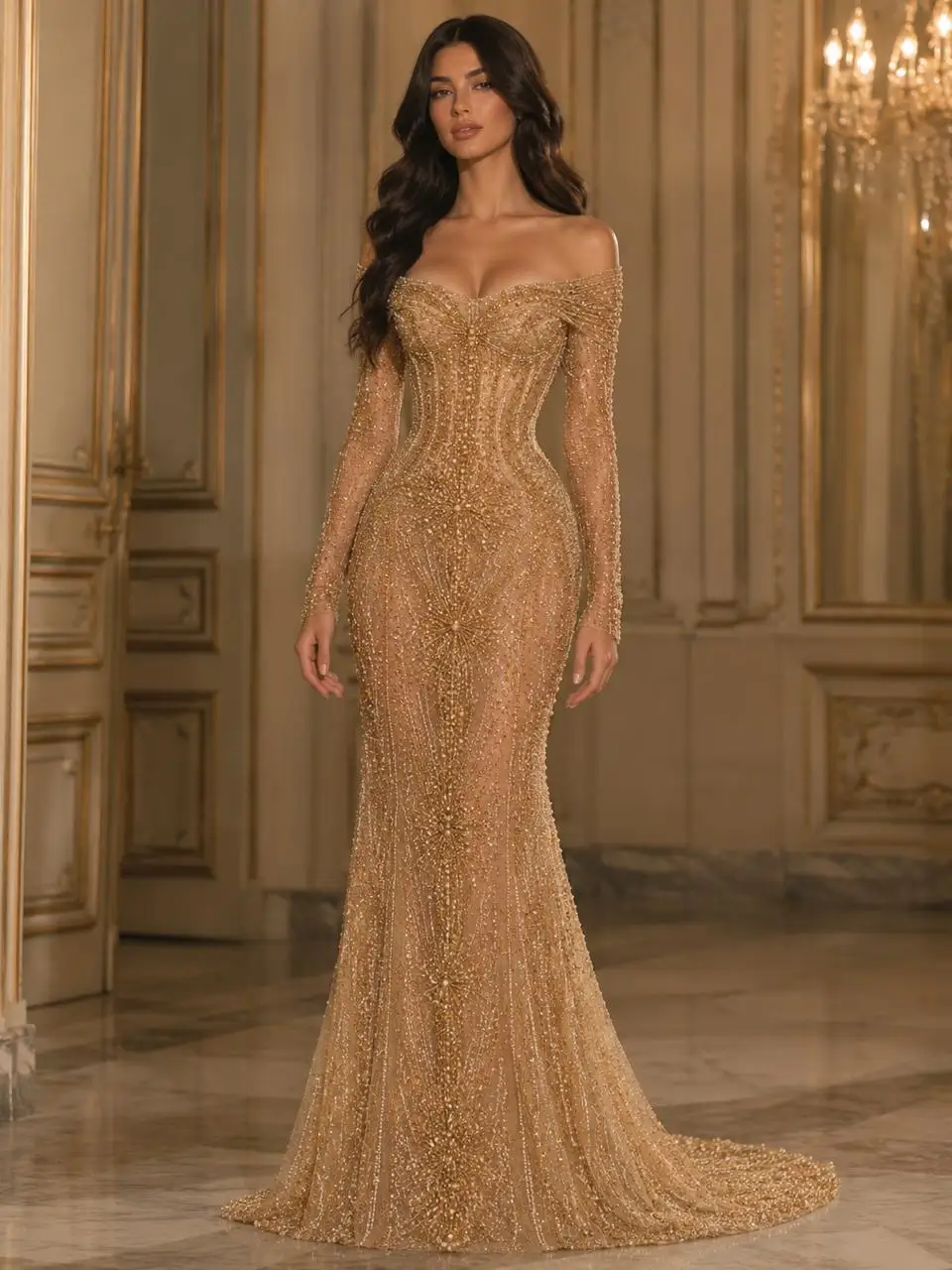 Customized Luxury Gold Beaded Mermaid Evening Dress Off Shoulder Long Sleeves Sheer Corset Formal Gown for Women Wedding Party