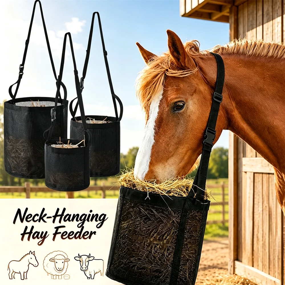 Horse Hay Feeding Bag with Adjustable Neck Strap, Portable Outdoor Pet Feed Bag, Easy to Carry, Suitable for Horses, Cows, Sheep, Donkeys, Mules