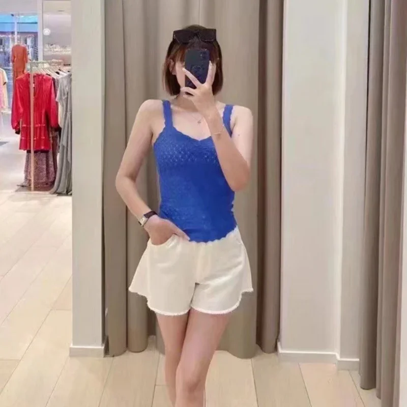 

Woman Blue Hollow Crochet Top Knitted Casual Sexy Sling