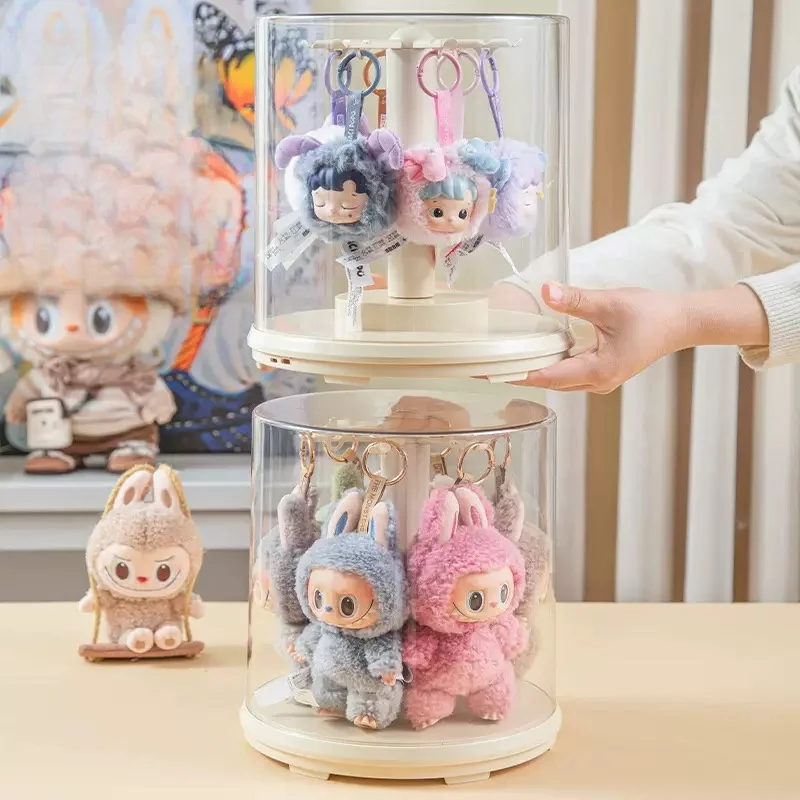 Transparent Dustproof Rotatable Labubu Display Box Pendant Storage Organizer for Figurines Accessories Home Bedroom Storage