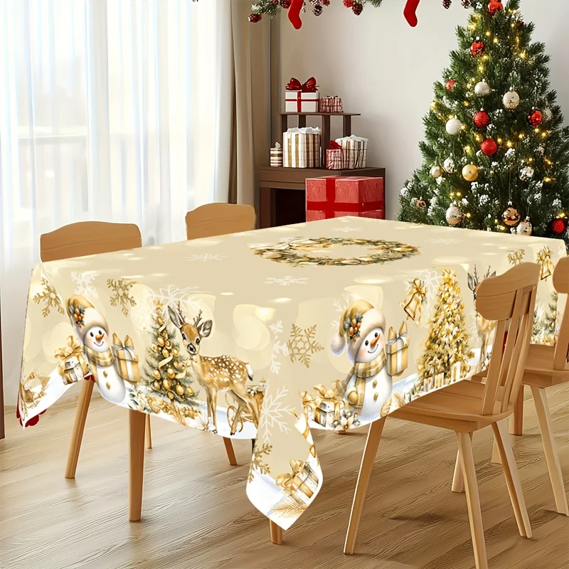 VIKAMA Christmas Rectangular Tablecloth Wreath Snowman Deer Waterproof Washable Cover for Elegant Winter Holiday Decor