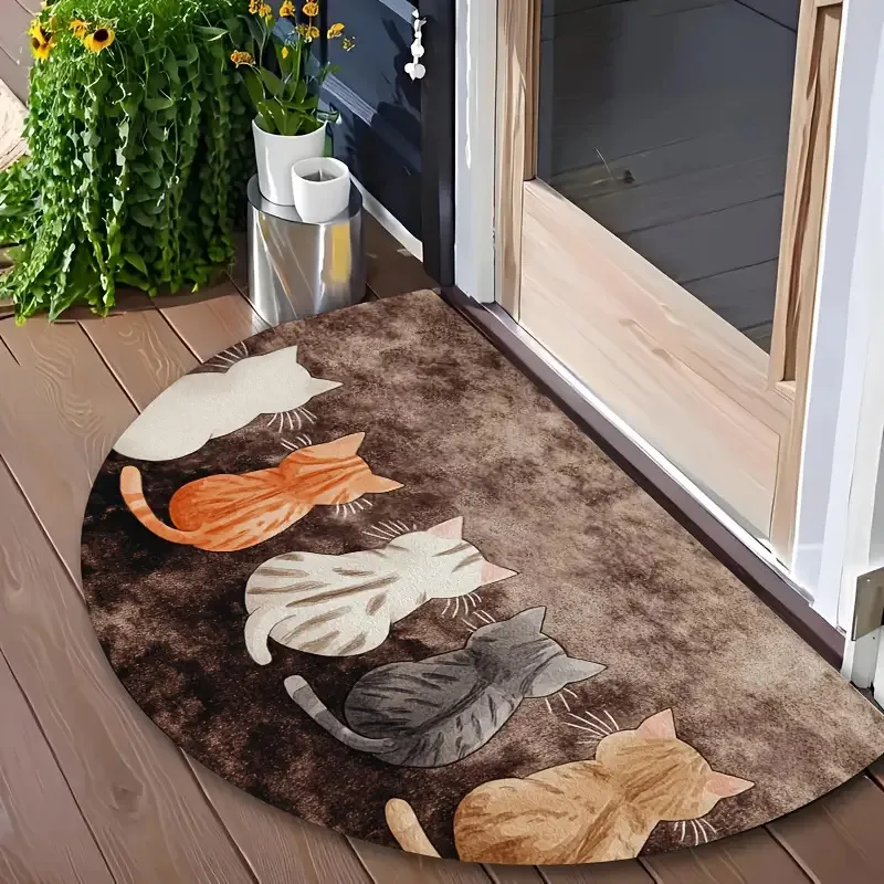 Cute Cartoon Cats Half Round Rug Kitten & Cat Back Silhouette Doormat Entryway Carpet Home Decor Floor Mat for Living Room