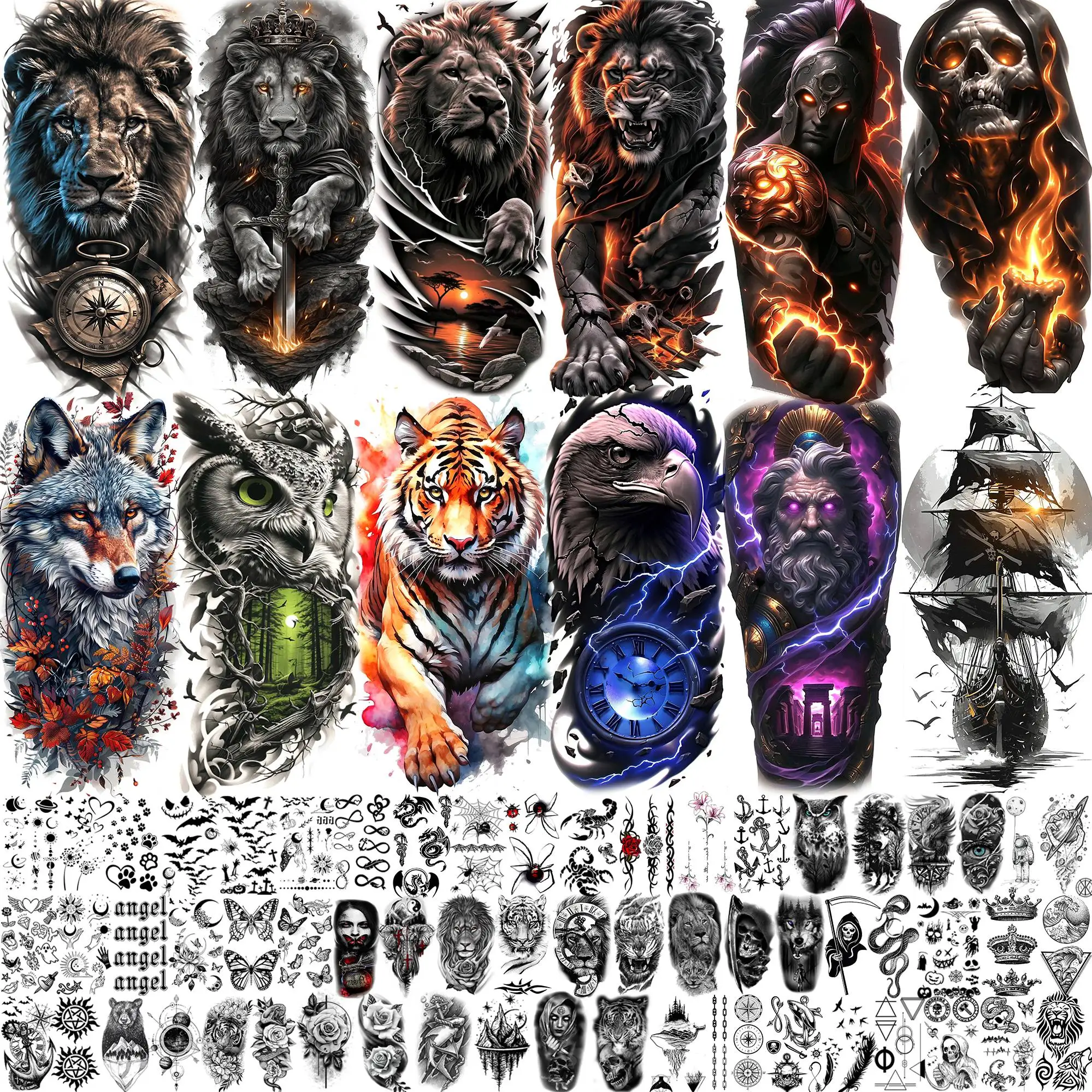 72 Sheets Creative Cool Lion Owl Temporary Tattoos For Men Women Waterproof Realistic Eagle Zeus Warrior Fake Tattoo Arm Sticker