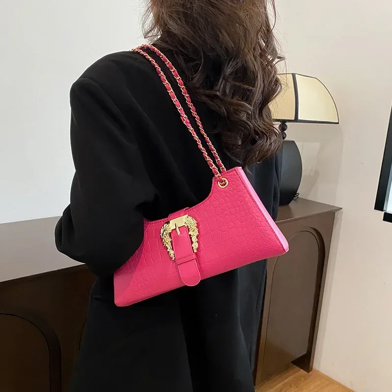 New Fashion Women\'s Crocodile Pattern Chain Shoulder Bags Handbags 2023 Luxury Chic Underarm Bags Clutch Blue Green Armpit Bags