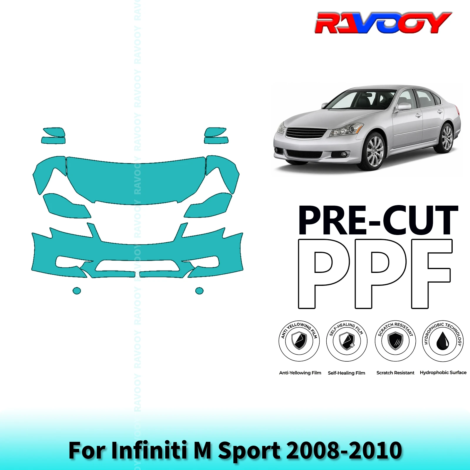 Film de protection de peinture (PPF) pré-découpé 8,5 mil pour partie avant de l'Infiniti M Sport 2008-2010, kit anti-éclats de pierre |   Options transparentes/mates/noires