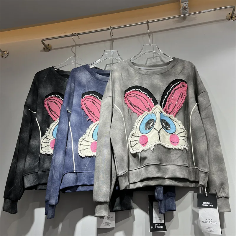 2025, Herbst, neue kurze Y2k-Kapuzenpullover, Rundhalsausschnitt, lange Ärmel, Farbverlaufsblock, Cartoon-Muster, lockeres, vielseitiges Sweatshirt