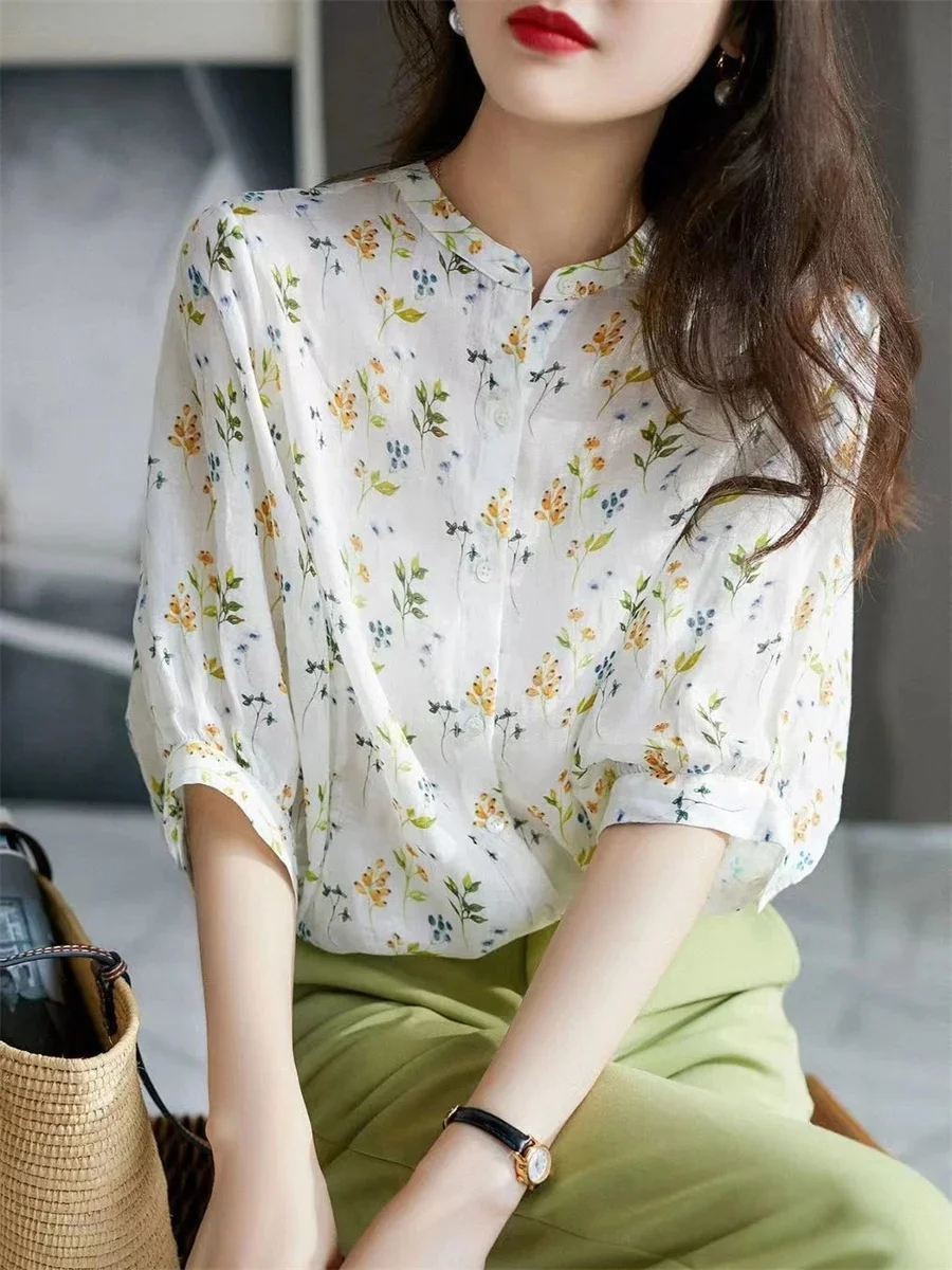 Women Summer Style Blouses Tops Lady Casual Short Puff Sleeve Stand Collar Flower Printed Blusas Tops