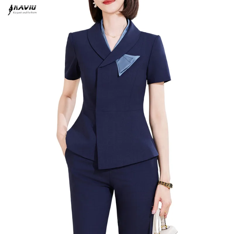 

NAVIU Elegant Summer Short Sleeve Women Formal Professional Business Suits OL Styles Ladies Office Pantsuits Blazer Pants Set