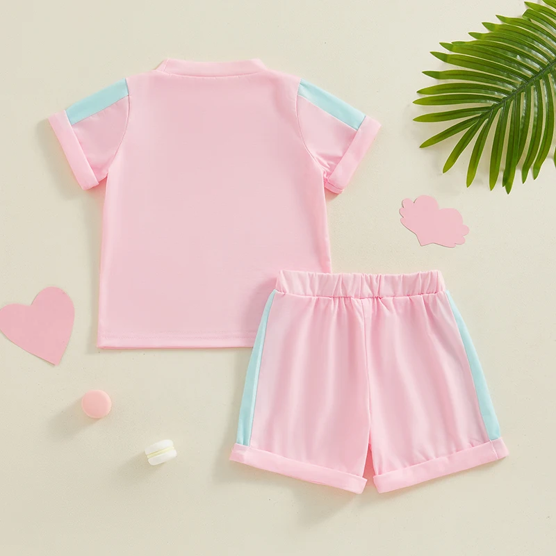 

Toddler Baby Girl Clothes Patchwork Color Summer Outfit Short Sleeve Crew Neck T Shirt Tops and Jogger Shorts Set