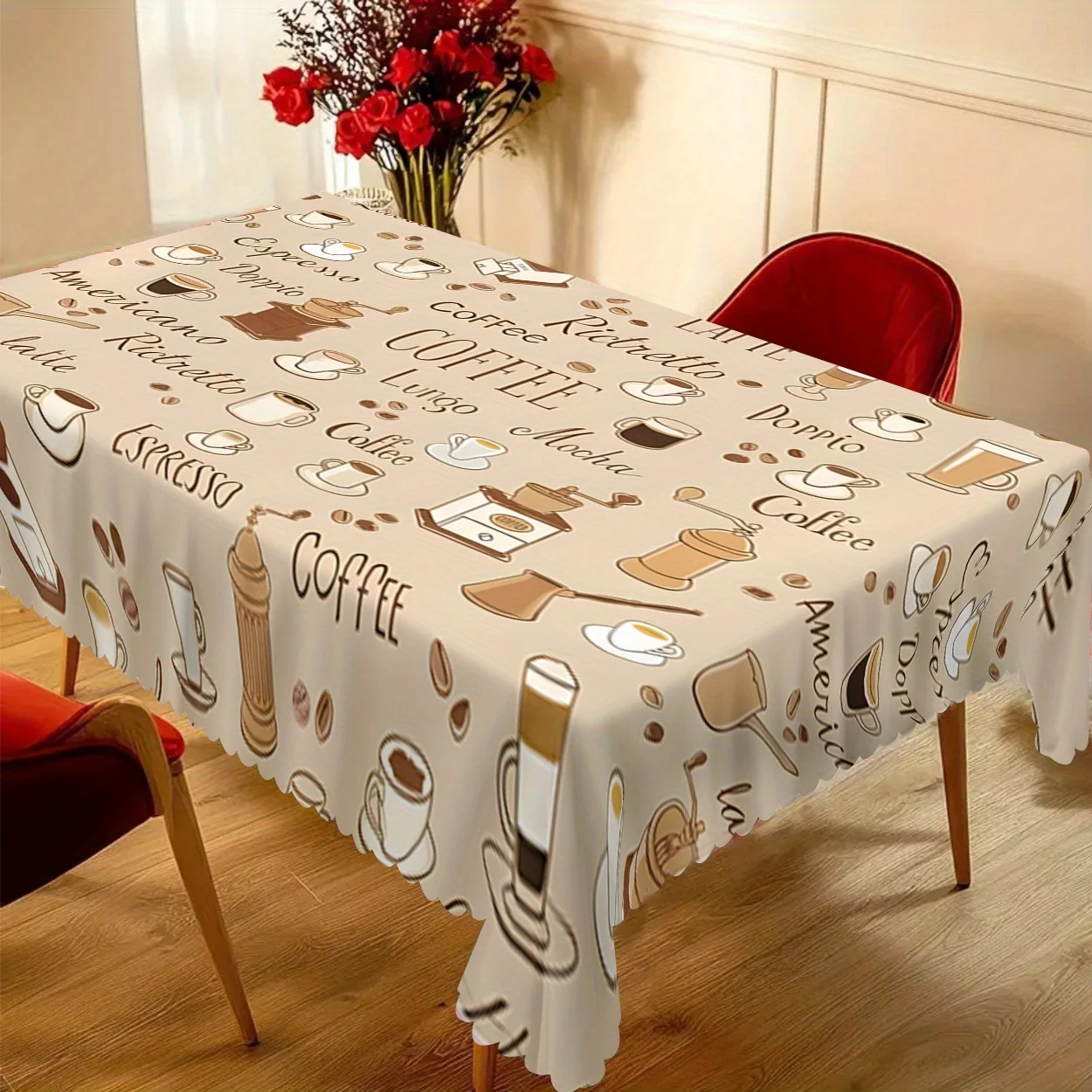 1-piece, polyester material, tablecloth included, multiple element coffee decoration digital printed tableclothc
