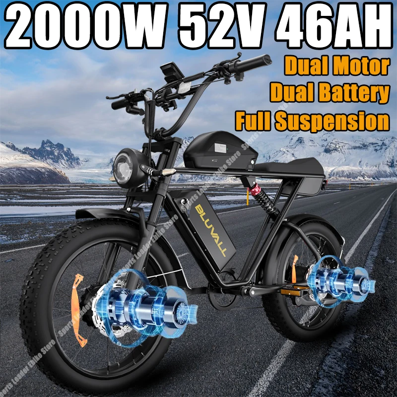 Bluvall K10 Ebike 2000W Dual Motor 52V46Ah Dual Battery 20*4.0 Inch Fat Tire Electric Bicycle Snow Full Suspension Electric Bike