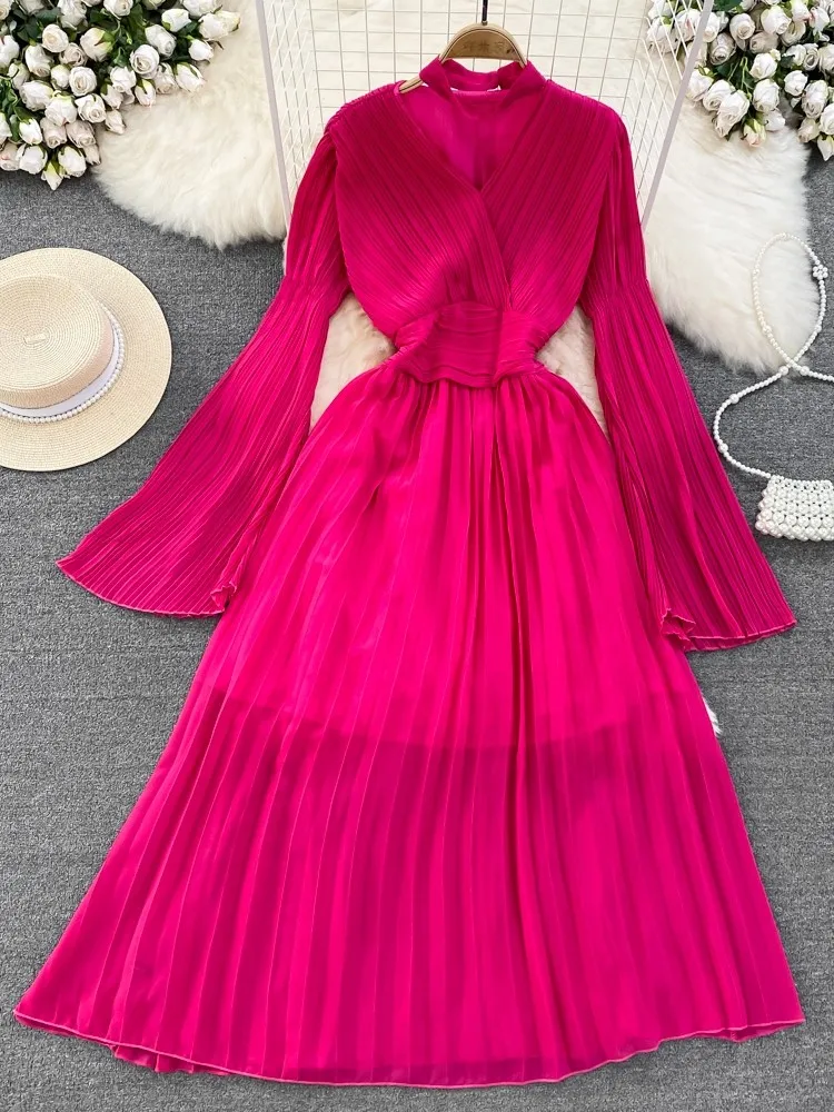 Autumn Flare Sleeve V-neck Midi Dresses for Women Solid Pleated A-line Elegant Party Dress Korean Fashion One Piece Vestidos New