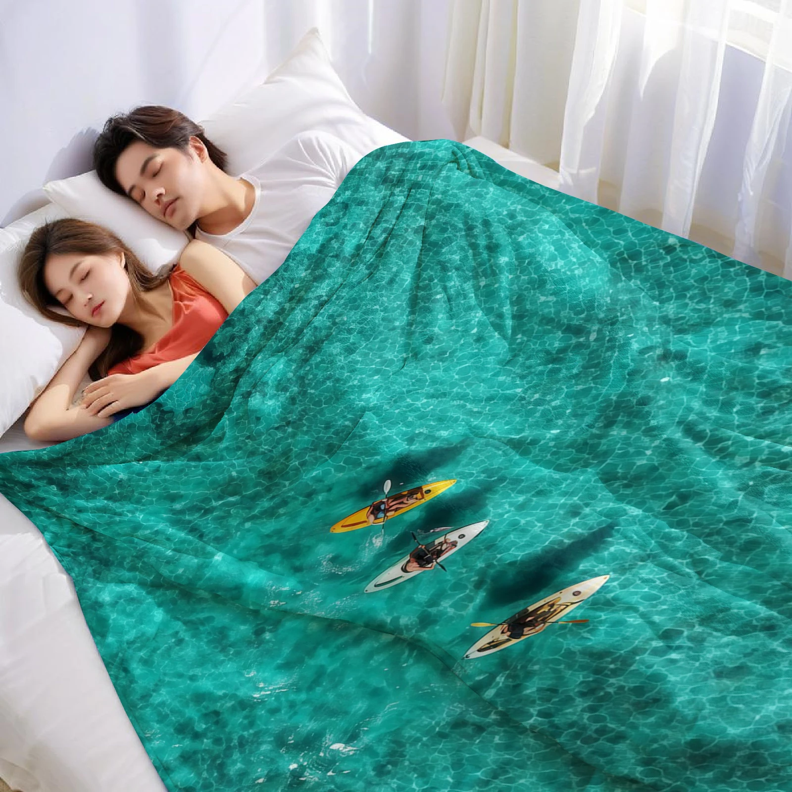 Turquoise Ocean Kayak Cartoon Anime Print Flannel Blanket Soft Warm Throw for Kids Bedroom Sofa Bed Christmas Office Car