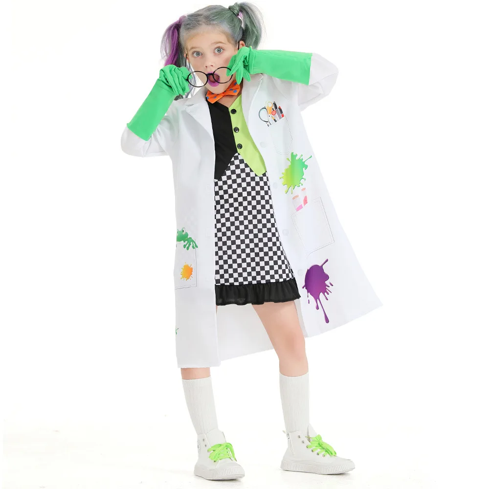 Girls Mad Scientist Suits Cosplay Kids Children Halloween Crazy Researcher Costumes Carnival Purim Role Play Showing Party Dress