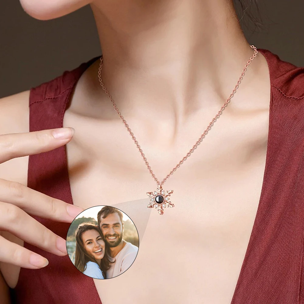 Custom Projection Photo Necklace Personalized Photo Pendant,Projection snowflake Chain For Women Memorial Christmas Jewelry Gift