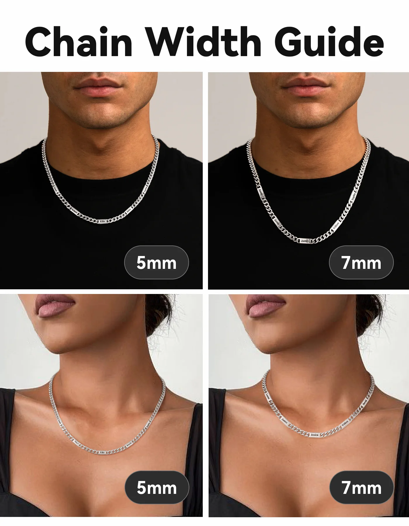 U7 Custom 1-6 Names Cuban Chains Necklaces 5mm/7mm/9mm Chain Black Deep Engrave Family Members Names Fathers Day Jewelry Gift