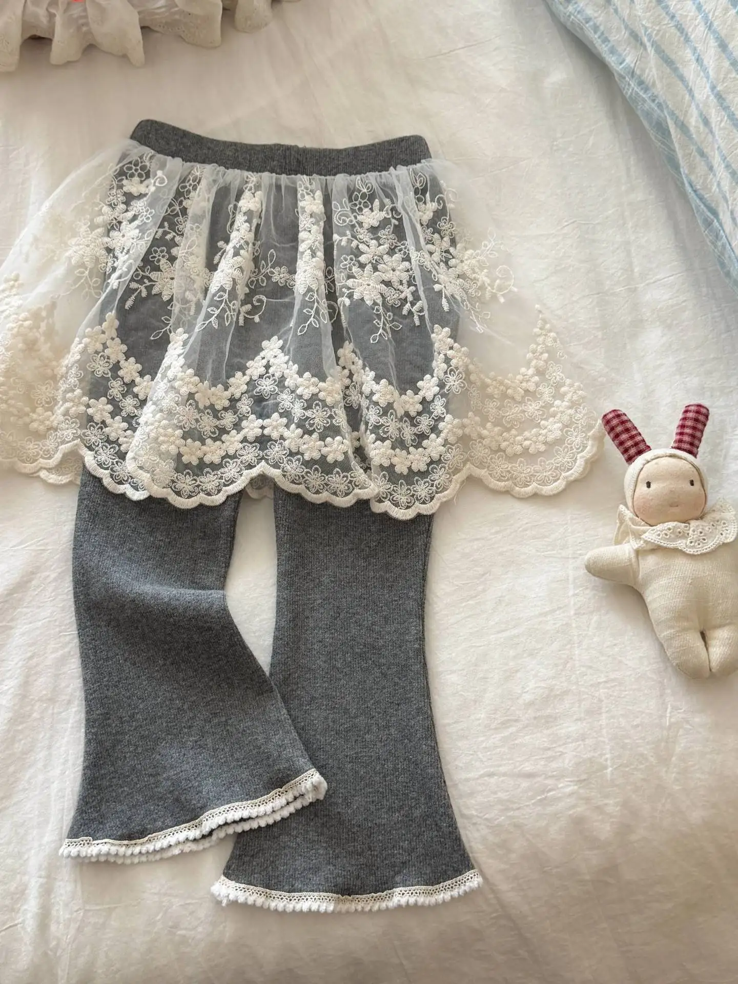 Girls Lace Splice Slimming Bell Bottoms High Waist Long Pants Asymmetric Korean Style Commute Fashion 2026 New Style