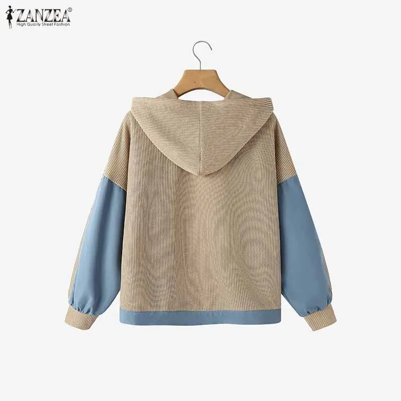 ZANZEA Autumn Winter Hoodies Sweatshirts Women Fashion Long Sleeve Color Patchwork Hooded Casual Zipper Loose Coats Cardigans