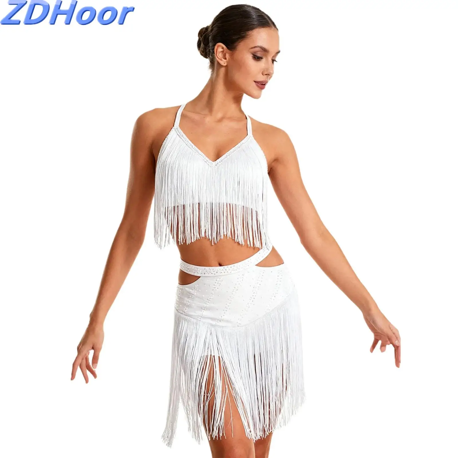 Trajes de baile de Tango latino para mujer, Top corto sin mangas con cuello en V y borlas entrecruzadas en la espalda y falda con cintura elástica recortada, Ropa de baile