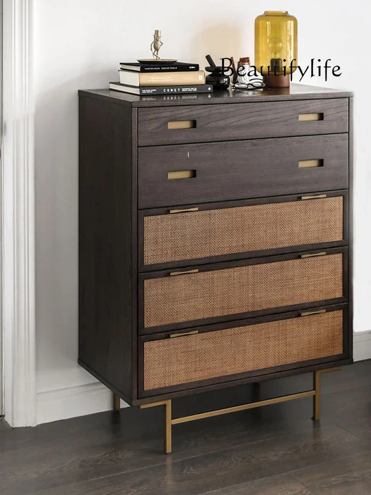 

F Скандинавский Ретро Твердый Деревянный Ротанговый Комод Ваби-Песочный Ветер Ротанг Арт Шкафчик Спальня Прикроватный Шкаф