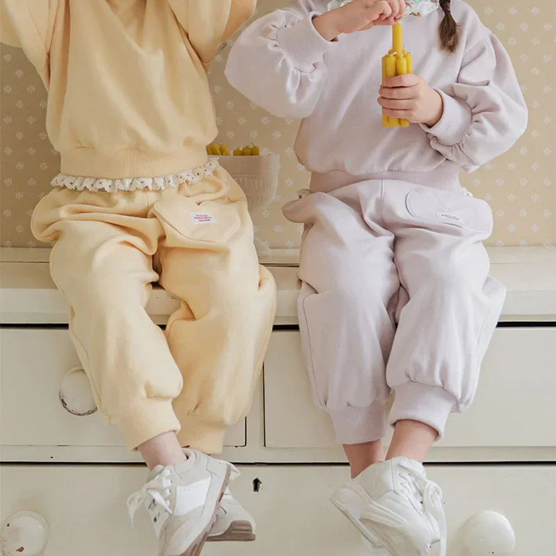 

Girls Casual Pants 2025 Spring Autumn New Korean Cotton Soft Sweet Heart Pocket Tied Foot Sports Casual Pants