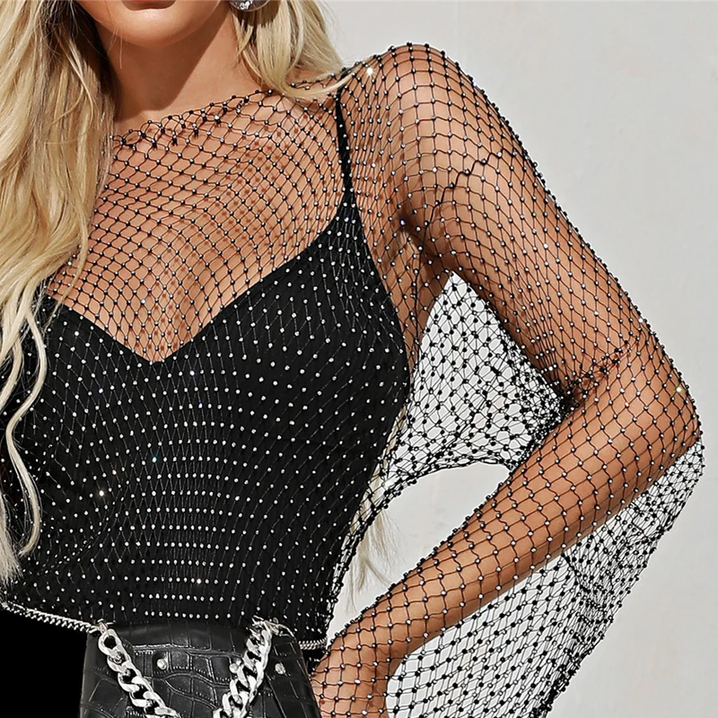 Women Sexy See Through T Shirt Fishnet Hollow Out Crop Mesh Top Shiny Rhinestones Grid Long Sleeve Beach Cover Up  Lady Tank Top