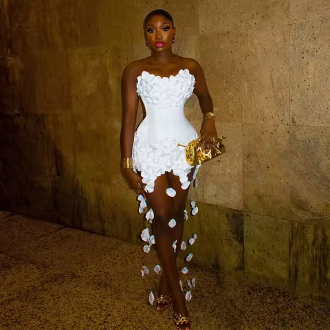 Elegant strapless mermaid evening dress white decal birthday dress black girl wedding guest cocktail party dress custom