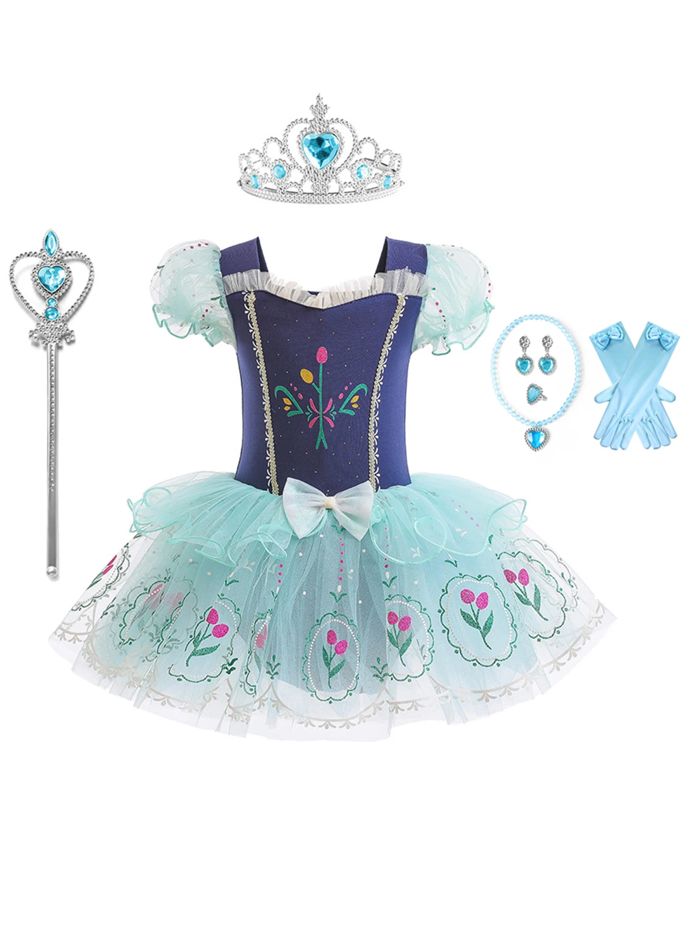 

Toddler Princess Tutu Dress Kit Includes Crown Magic Wand Gloves Accessories Ruffle Sleeve Birthday Halloween Christmas Parties