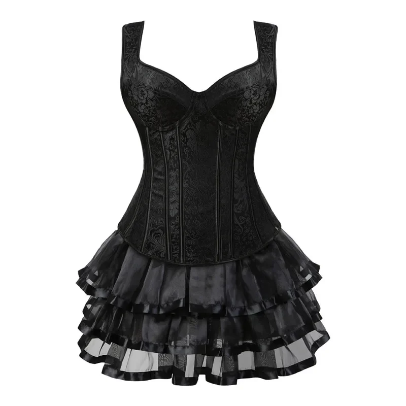 Mulheres sexy jacquard steampunk espartilhos vestido retro colete zíper lateral gótico overbust espartilho com mini saia tutu