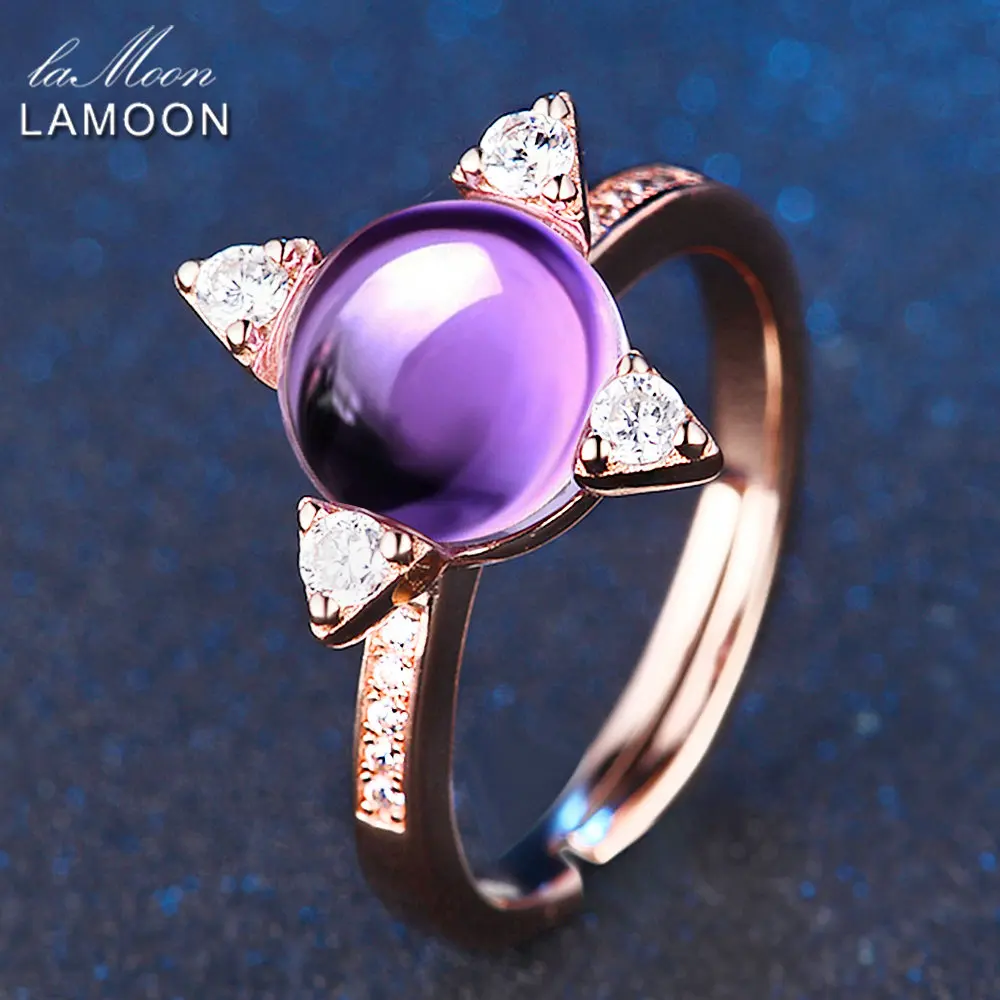 

LAMOON Natural Amethyst gemstone Ring For Women Unique Elegant 925 Sterling Silver Rose Gold Vwemeil Fine Jewelry Party Gift