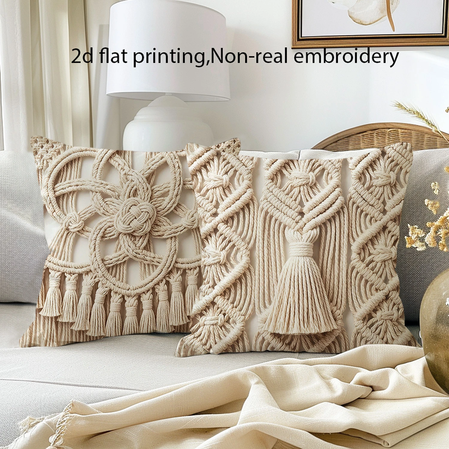 2pcs Boho Macrame Style Throw Pillow Covers Neutral Beige Flat Printed Cushion Cases for Home Sofa Bedroom Decor