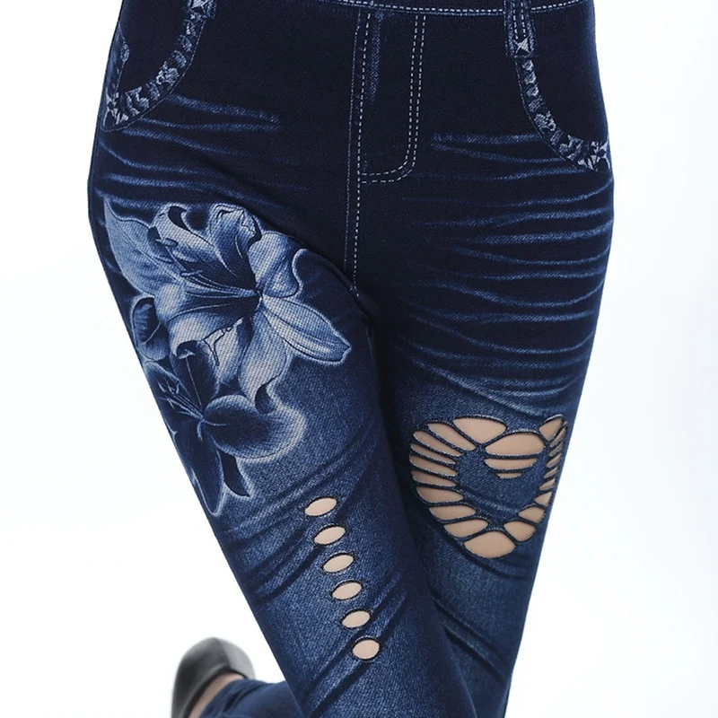 Donne Sexy Casual scava fuori Leggings in Denim matita Fitness Leggings elastici signore Sexy foro stampa floreale pantaloni