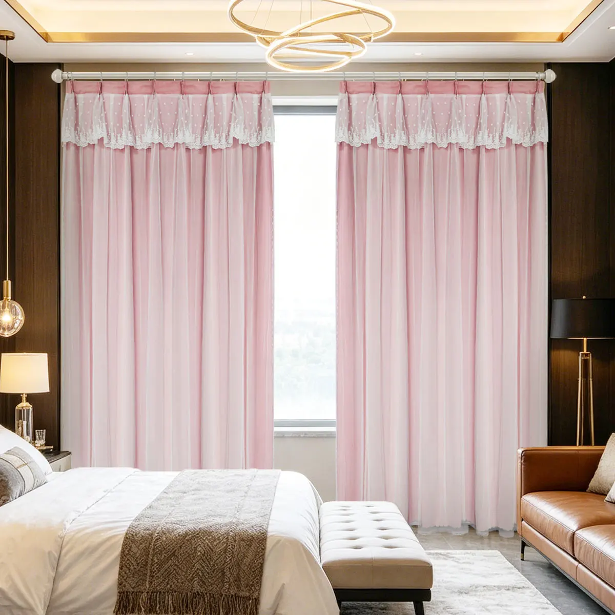 2Pcs Double‑Layer Curtains French Princess Style Lace Valance Blackout for Bedroom Wedding Room