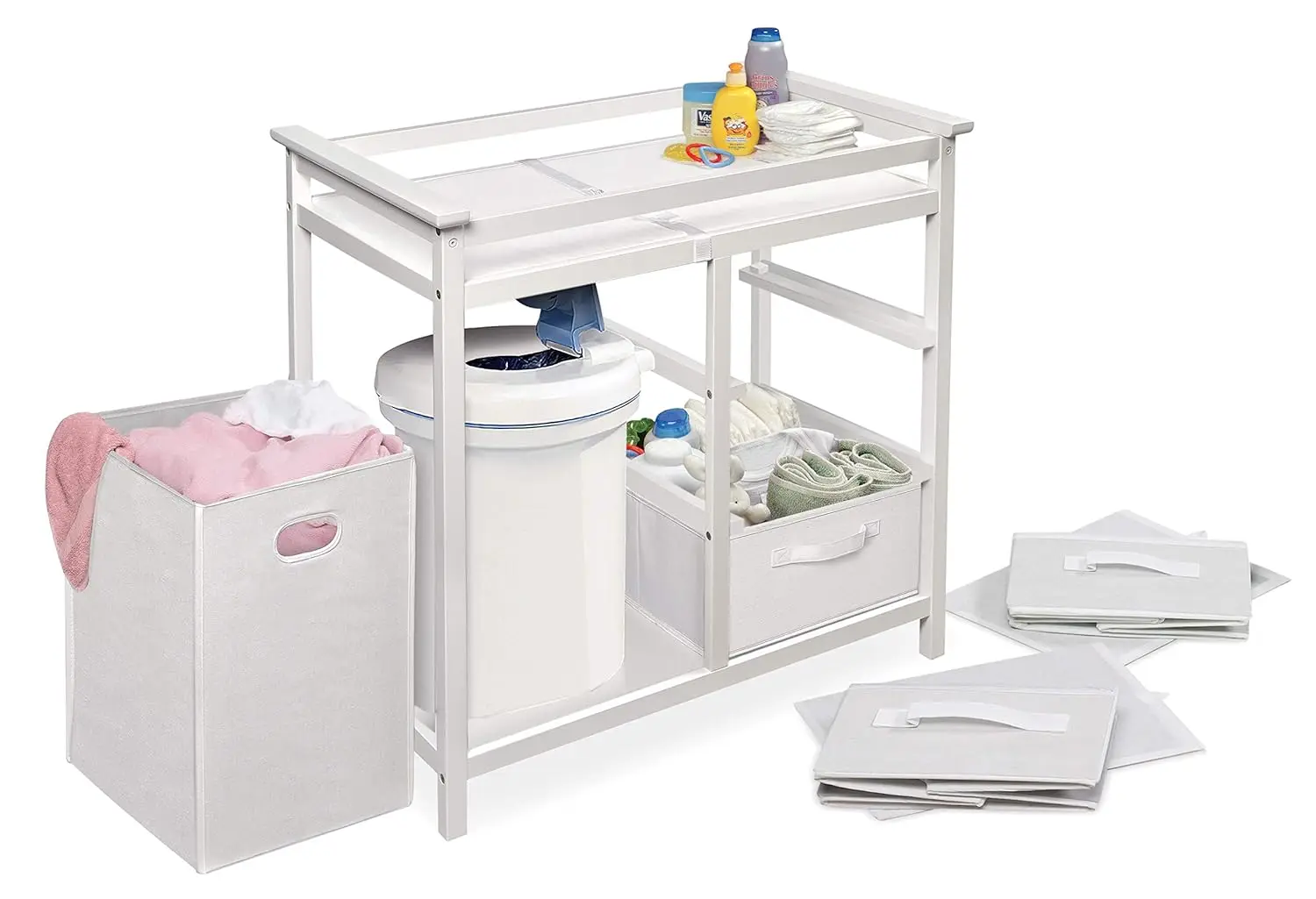 Modern Baby Changing Table com cesto de roupa suja, 3 gavetas de armazenamento e almofada, fralda Change Station, branco e branco cesta