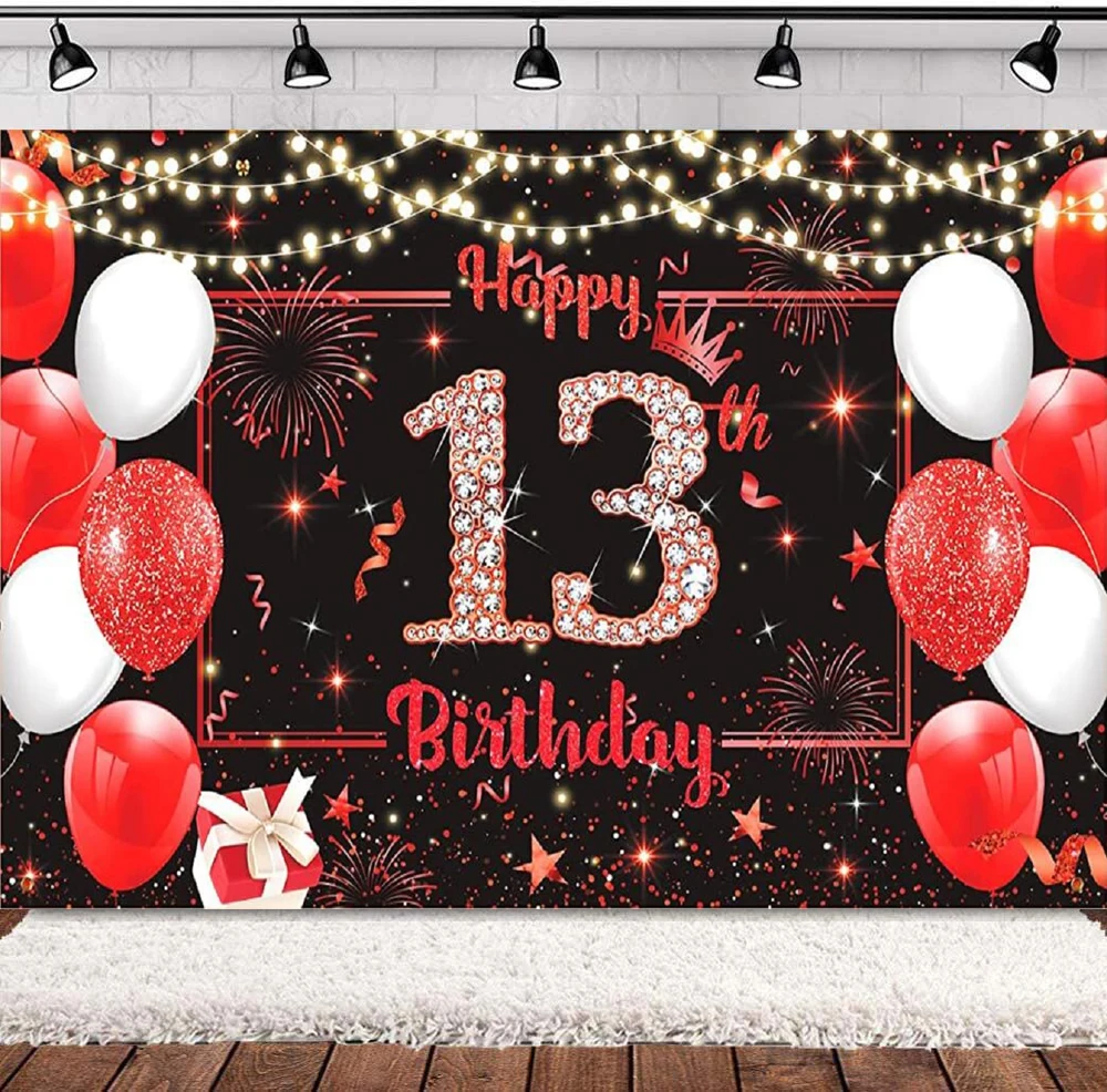 

Photography Backdrop Red Black Glitter Balloon 13 Years Old 13th Birthday Banner For Girls Boys Background Party Decor Poster