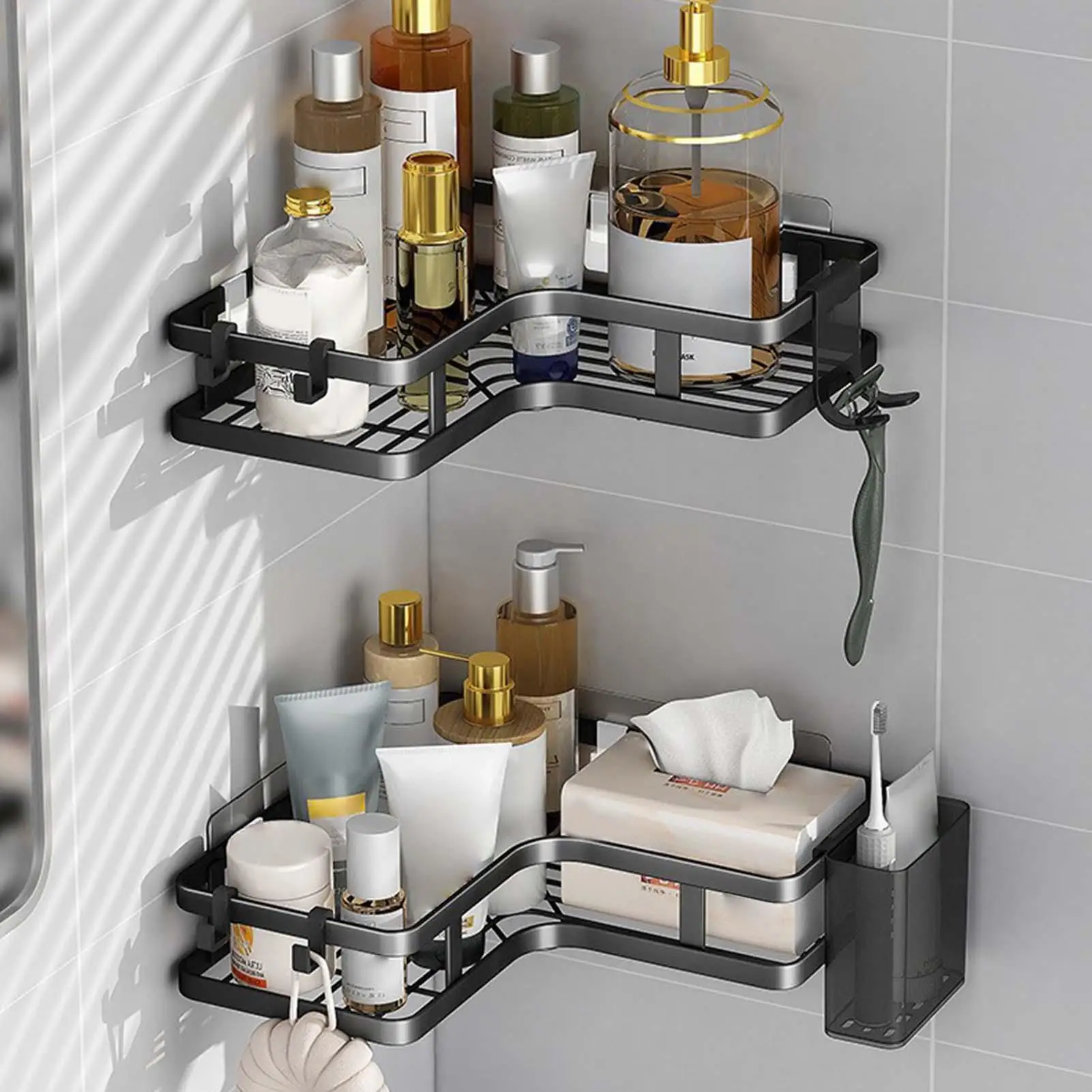 Shower Organizer Corner Shelf Wall Mounted with Toothpaste Holder and Hook Hold 15 Kg Adhesive 2 Pieces Shampoo Rack for Kitchen