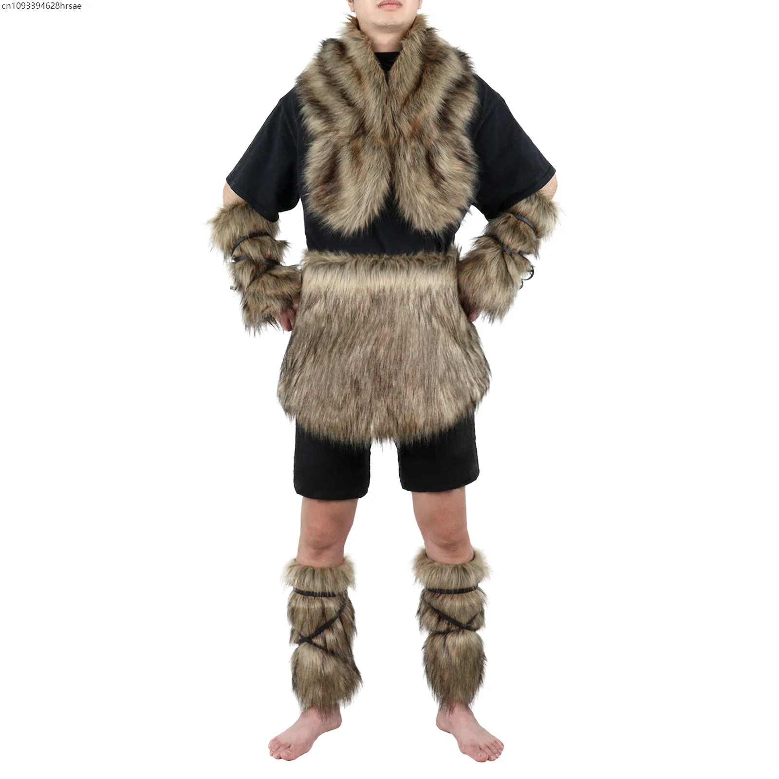 

Mens Faux Fur Collar Mini Skirt Furry Arm Cuffs Costume Set and Leg Warmers Covers for Cosplay Accessories Party