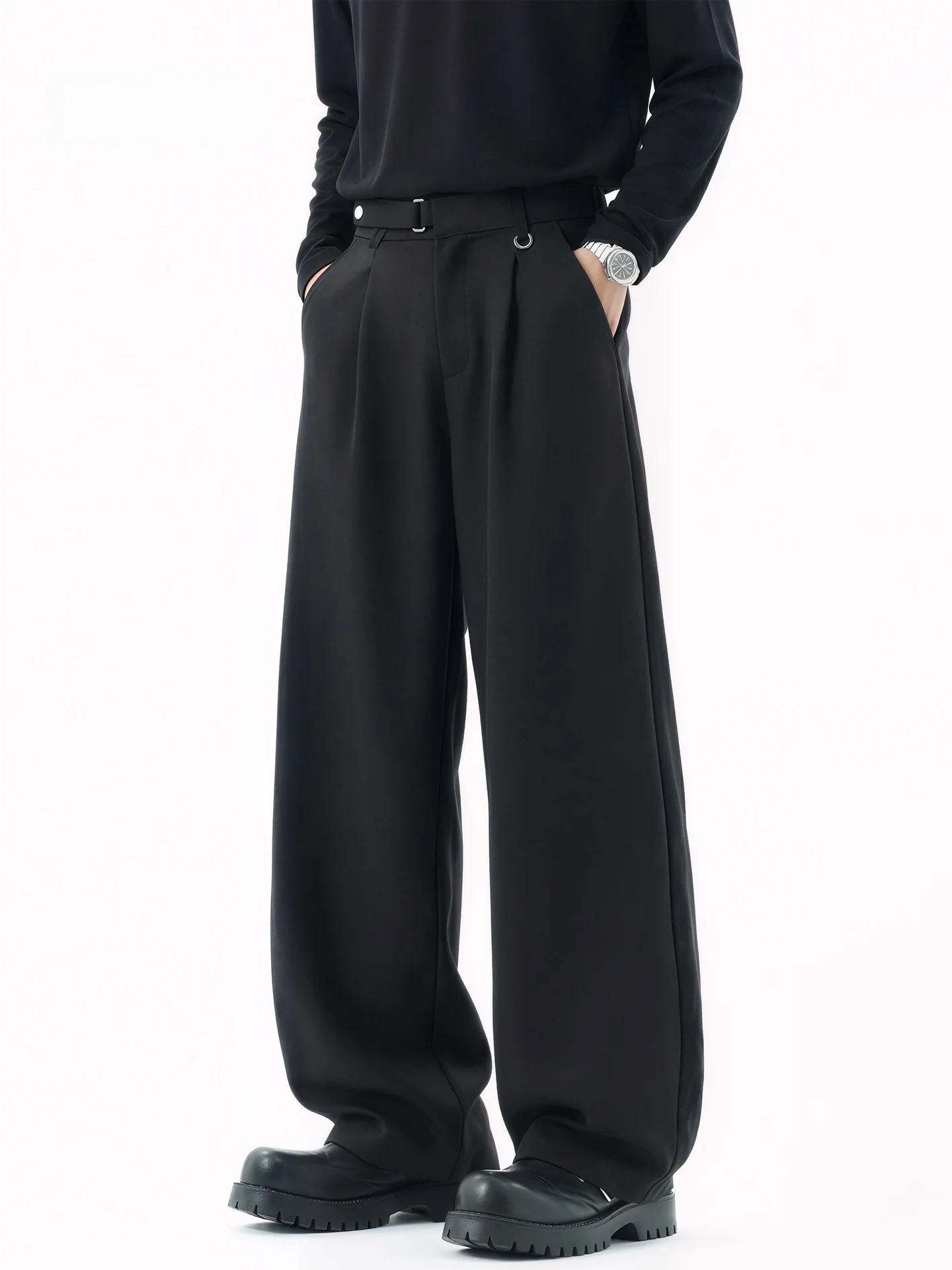 

Bla Wide Leg Straight Cut Men's Casual Pants Spring 2026 New Sle Wrinkles Loose Waist Button Closure Polyester Fiber