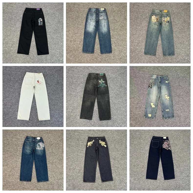 

American Sle Streetwear Embroidered Logo Loose Fit Straight Leg Jeans Casual Trendy Brand High Waist Jeans for Men And Women