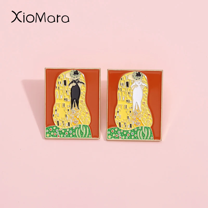 Kuss-Gustav Klimt Enamel Pins Drawing Art Oil Painting Cat Brooches Lapel Badges Artistic Charm Jewelry Gift For Lover Friends