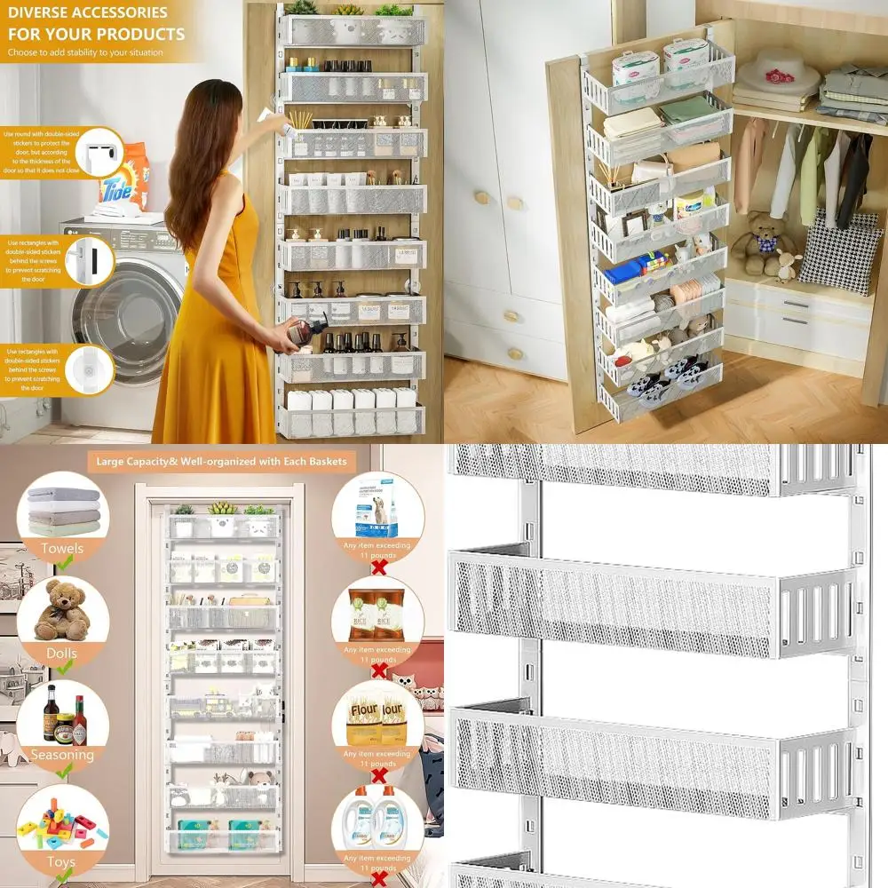 

8-Tier Door-Mounted Pantry Organizer with Mesh Baskets, Adjustable Spice Rack for Kitchen, Bath, Bedroom, and Baby Items Storage