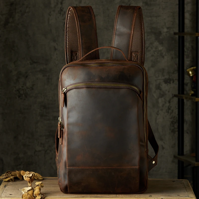 

Fashionable Genuine Leather Backpack Vintage Crazy Horse Leather Shoulder Bag Cowhide Large Capacity Casual Hiking Bag For Men