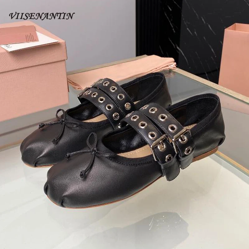 

Belt Buckle Ladies Flat Ballet Shoes Gold Silver Genuine Leather Luxury Brand Bowtie Round Toe Comfort Walking Driving Sapatos